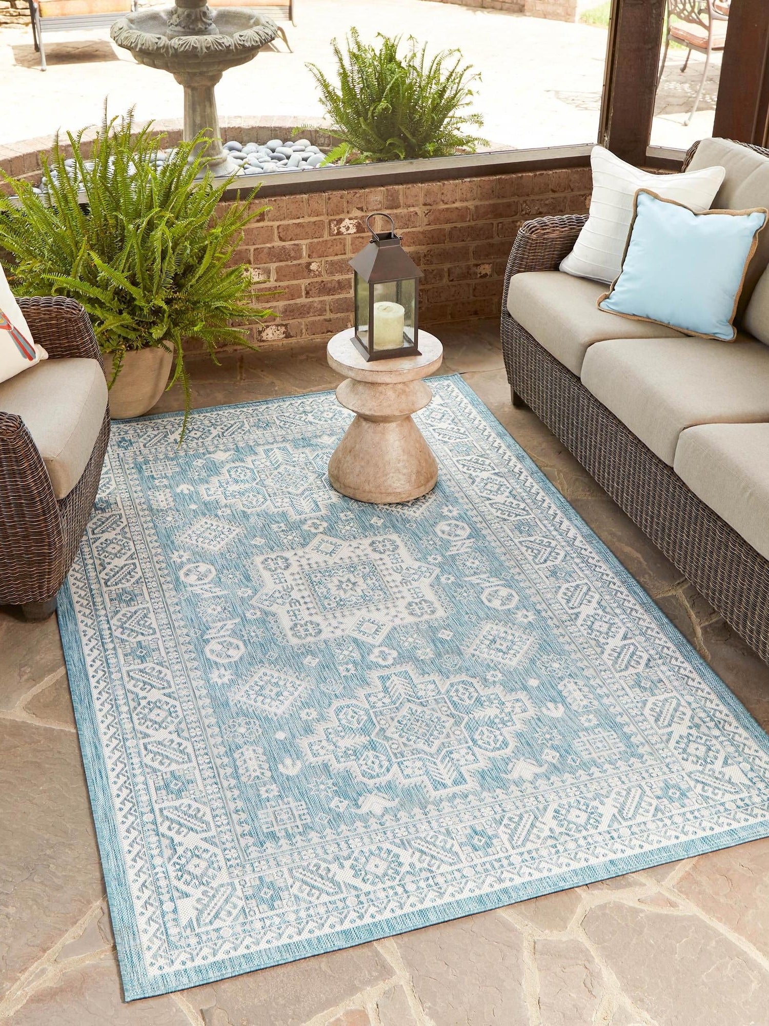 Aqua 1' 4 x 1' 4 Outdoor Aztec Sample Area Rug Weather Resistant for Patio, Deck, Terrace, Balcony, Porch 100% Polypropylene Traditional Carpet Mat for Sale at Rug Engine