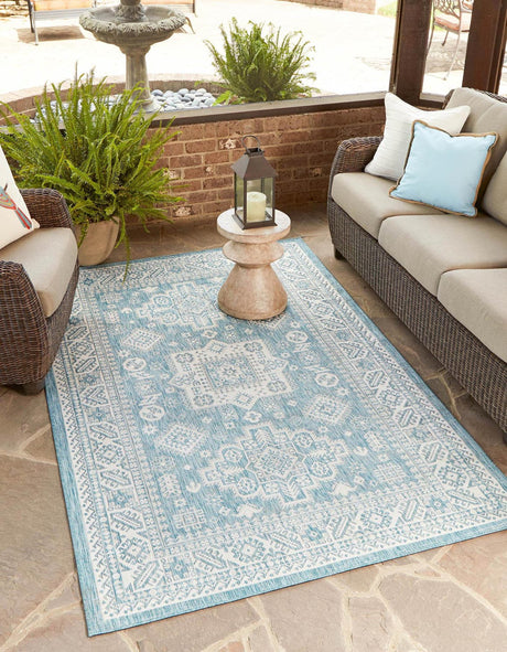Aqua 6' 1 x 9' Outdoor Aztec Rectangle Rug