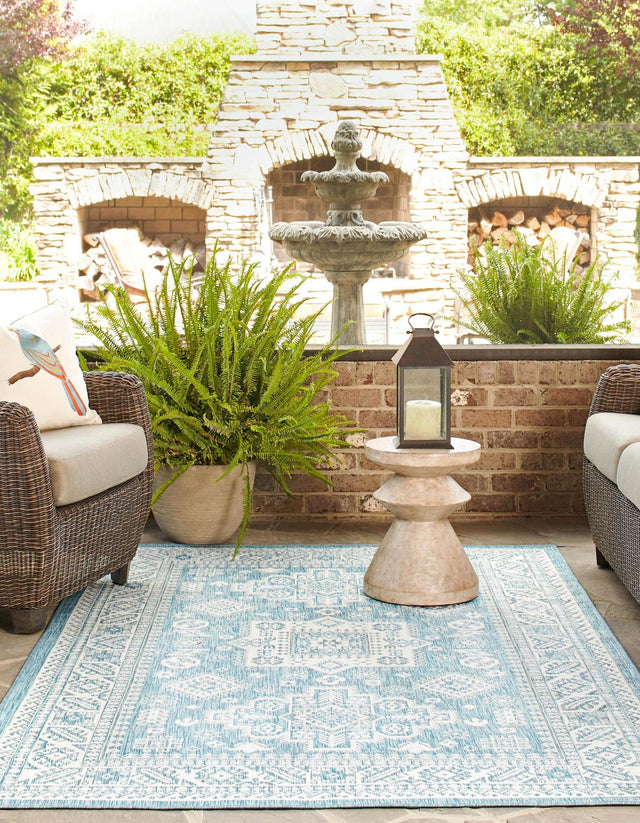 Aqua 5' 3 x 8' Outdoor Aztec Rectangle Area Rug Weather Resistant for Patio, Deck, Terrace, Balcony, Porch 100% Polypropylene Traditional Carpet Mat for Sale at Rug Engine