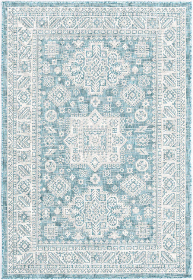 Aqua 4' 1 x 6' 1 Outdoor Aztec Rectangle Area Rug Weather Resistant for Patio, Deck, Terrace, Balcony, Porch 100% Polypropylene Traditional Carpet Mat for Sale at Rug Engine