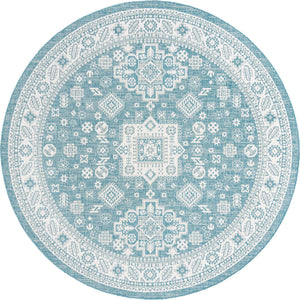 Aqua 10' x 10' Outdoor Aztec Round Area Rug Weather Resistant for Patio, Deck, Terrace, Balcony, Porch 100% Polypropylene Traditional Carpet Mat for Sale at Rug Engine