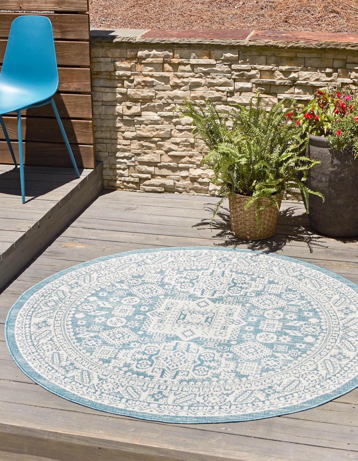 Aqua 5' 3 x 5' 3 Outdoor Aztec Round Area Rug Weather Resistant for Patio, Deck, Terrace, Balcony, Porch 100% Polypropylene Traditional Carpet Mat for Sale at Rug Engine