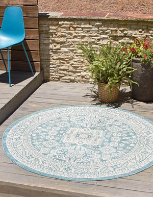 Aqua 5' 3 x 5' 3 Outdoor Aztec Round Area Rug Weather Resistant for Patio, Deck, Terrace, Balcony, Porch 100% Polypropylene Traditional Carpet Mat for Sale at Rug Engine