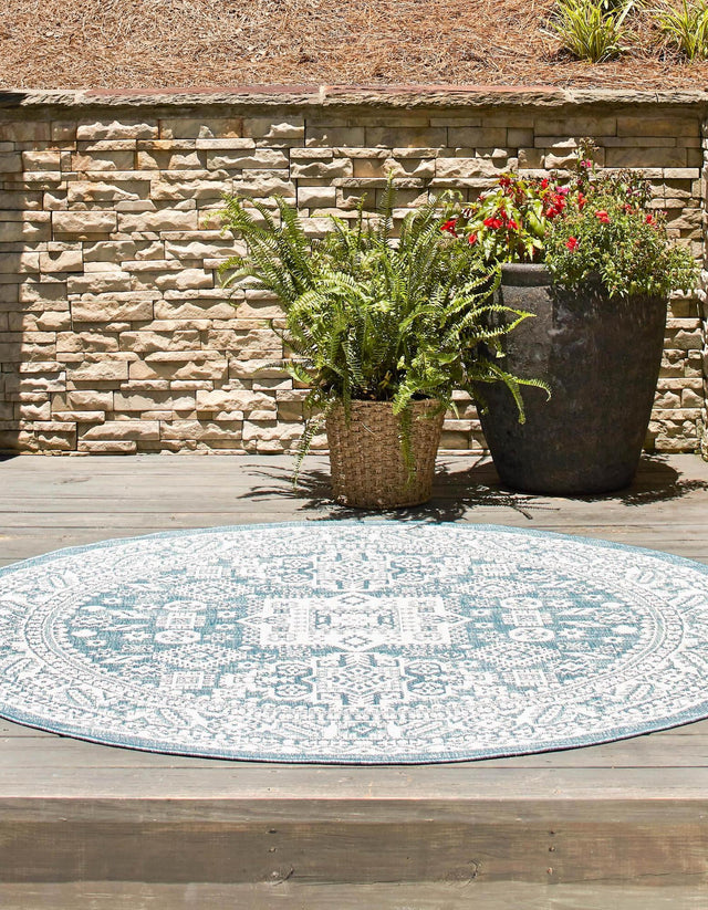 Aqua 5' 3 x 5' 3 Outdoor Aztec Round Area Rug Weather Resistant for Patio, Deck, Terrace, Balcony, Porch 100% Polypropylene Traditional Carpet Mat for Sale at Rug Engine
