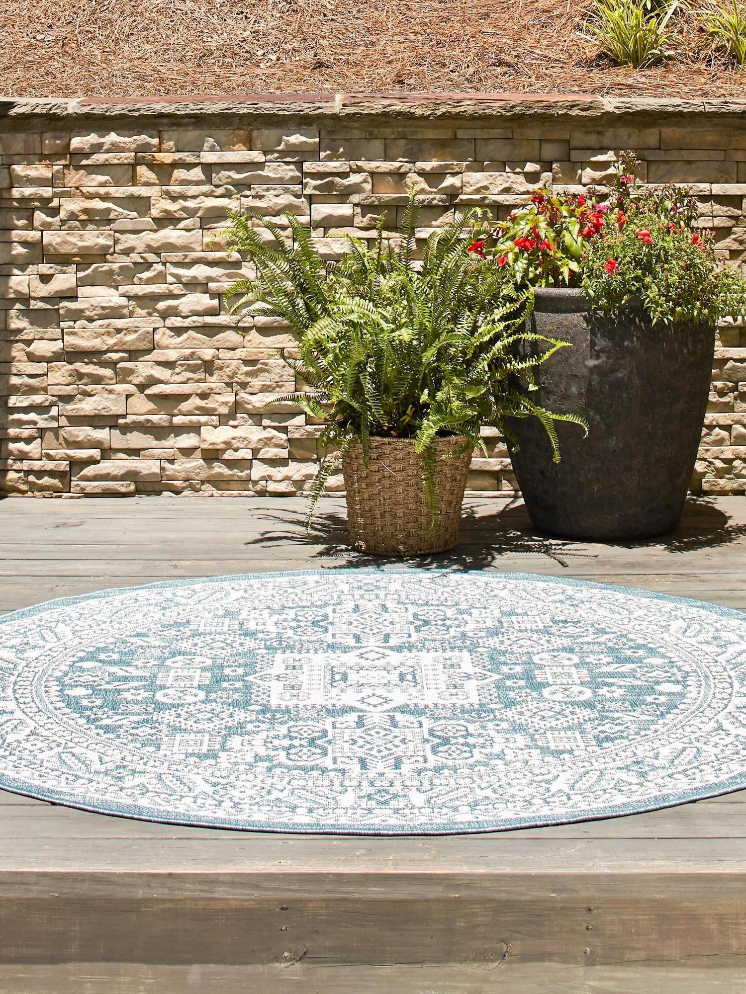 Aqua 3' 1 x 3' 1 Outdoor Aztec Round Area Rug Weather Resistant for Patio, Deck, Terrace, Balcony, Porch 100% Polypropylene Traditional Carpet Mat for Sale at Rug Engine