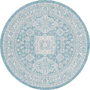 Aqua 5' 3 x 5' 3 Outdoor Aztec Round Area Rug Weather Resistant for Patio, Deck, Terrace, Balcony, Porch 100% Polypropylene Traditional Carpet Mat for Sale at Rug Engine