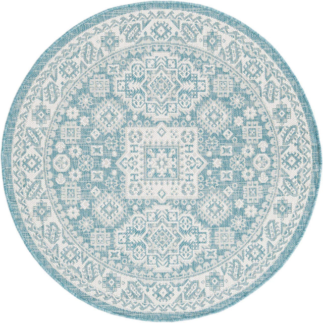 Aqua 4' 1 x 4' 1 Outdoor Aztec Round Area Rug Weather Resistant for Patio, Deck, Terrace, Balcony, Porch 100% Polypropylene Traditional Carpet Mat for Sale at Rug Engine