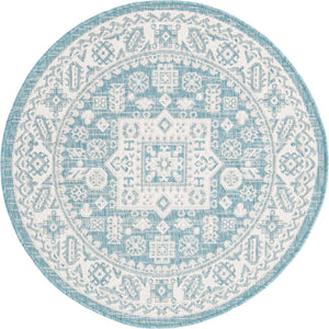 Aqua 3' 1 x 3' 1 Outdoor Aztec Round Area Rug Weather Resistant for Patio, Deck, Terrace, Balcony, Porch 100% Polypropylene Traditional Carpet Mat for Sale at Rug Engine