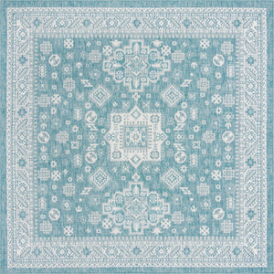 Aqua 10' x 10' Outdoor Aztec Square Area Rug Weather Resistant for Patio, Deck, Terrace, Balcony, Porch 100% Polypropylene Traditional Carpet Mat for Sale at Rug Engine