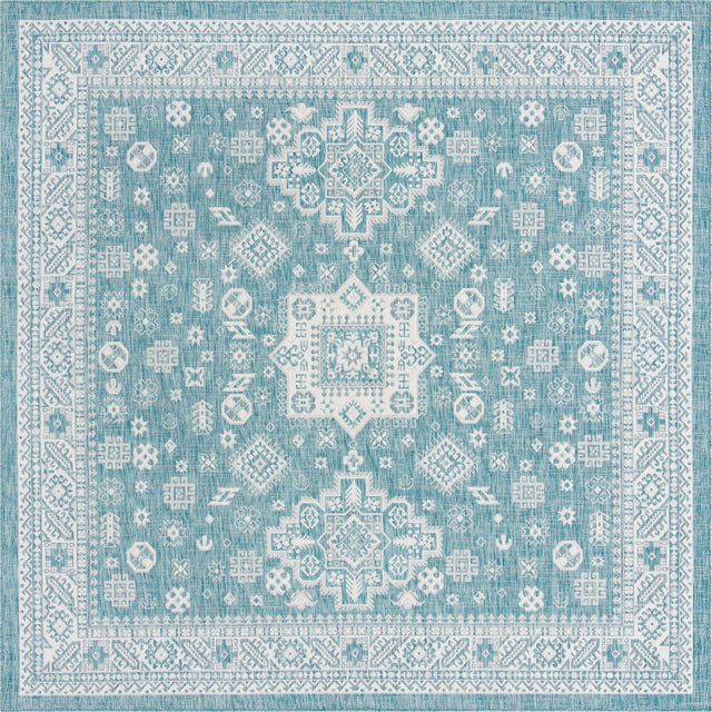 Aqua 10' x 10' Outdoor Aztec Square Area Rug Weather Resistant for Patio, Deck, Terrace, Balcony, Porch 100% Polypropylene Traditional Carpet Mat for Sale at Rug Engine