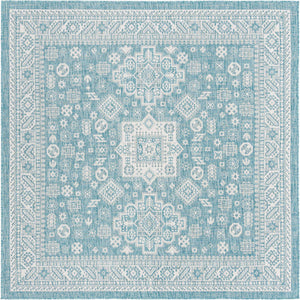 Aqua 7' 10 x 7' 10 Outdoor Aztec Square Area Rug Weather Resistant for Patio, Deck, Terrace, Balcony, Porch 100% Polypropylene Traditional Carpet Mat for Sale at Rug Engine