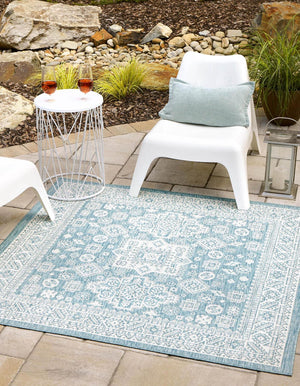 Aqua 5' 3 x 5' 3 Outdoor Aztec Square Area Rug Weather Resistant for Patio, Deck, Terrace, Balcony, Porch 100% Polypropylene Traditional Carpet Mat for Sale at Rug Engine