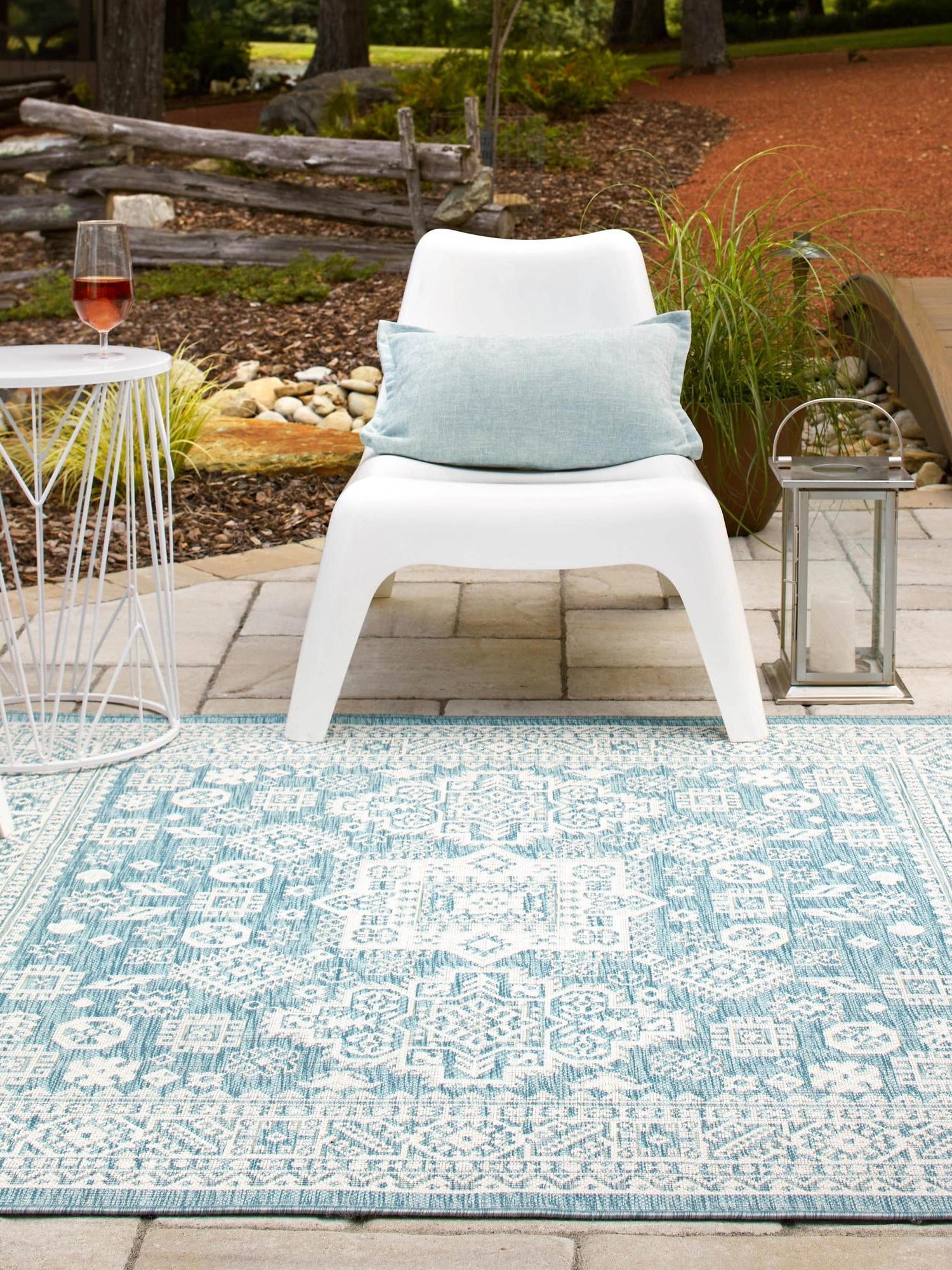 Aqua 5' 3 x 5' 3 Outdoor Aztec Square Area Rug Weather Resistant for Patio, Deck, Terrace, Balcony, Porch 100% Polypropylene Traditional Carpet Mat for Sale at Rug Engine