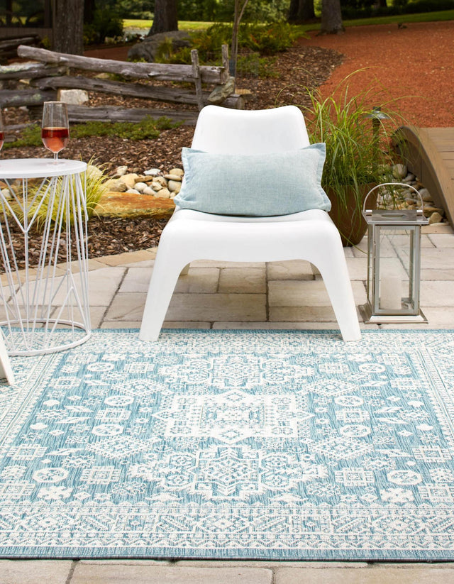 Aqua 7' 10 x 7' 10 Outdoor Aztec Square Area Rug Weather Resistant for Patio, Deck, Terrace, Balcony, Porch 100% Polypropylene Traditional Carpet Mat for Sale at Rug Engine