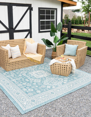 Aqua 10' x 10' Outdoor Aztec Square Area Rug Weather Resistant for Patio, Deck, Terrace, Balcony, Porch 100% Polypropylene Traditional Carpet Mat for Sale at Rug Engine