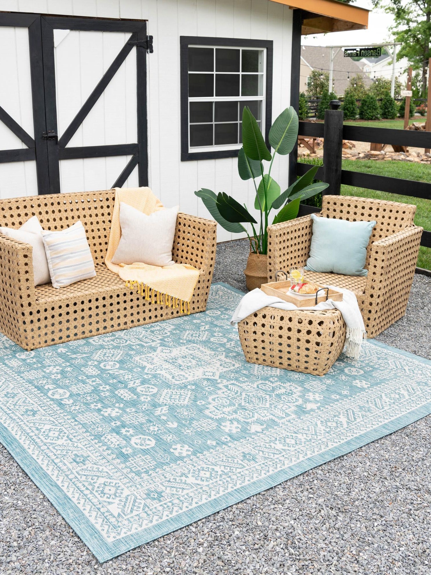 Aqua 5' 3 x 5' 3 Outdoor Aztec Square Area Rug Weather Resistant for Patio, Deck, Terrace, Balcony, Porch 100% Polypropylene Traditional Carpet Mat for Sale at Rug Engine
