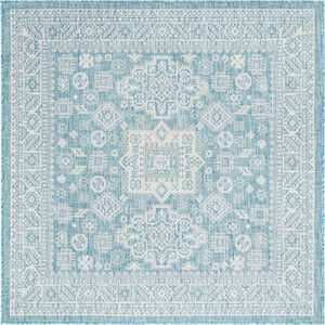 Aqua 5' 3 x 5' 3 Outdoor Aztec Square Area Rug Weather Resistant for Patio, Deck, Terrace, Balcony, Porch 100% Polypropylene Traditional Carpet Mat for Sale at Rug Engine
