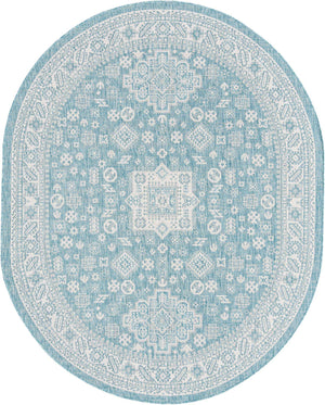 Aqua 7' 10 x 10' Outdoor Aztec Oval Area Rug Weather Resistant for Patio, Deck, Terrace, Balcony, Porch 100% Polypropylene Traditional Carpet Mat for Sale at Rug Engine