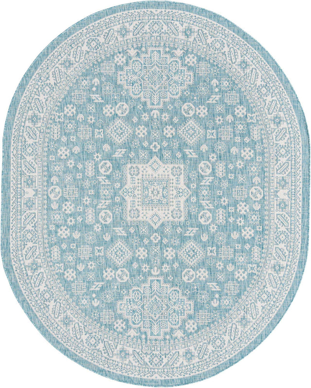 Aqua 7' 10 x 10' Outdoor Aztec Oval Area Rug Weather Resistant for Patio, Deck, Terrace, Balcony, Porch 100% Polypropylene Traditional Carpet Mat for Sale at Rug Engine
