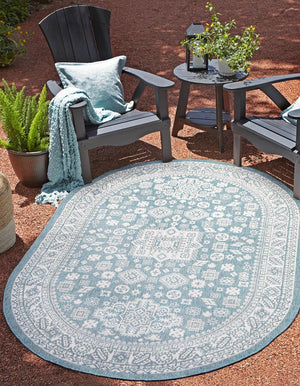Aqua 5' 3 x 8' Outdoor Aztec Oval Area Rug Weather Resistant for Patio, Deck, Terrace, Balcony, Porch 100% Polypropylene Traditional Carpet Mat for Sale at Rug Engine