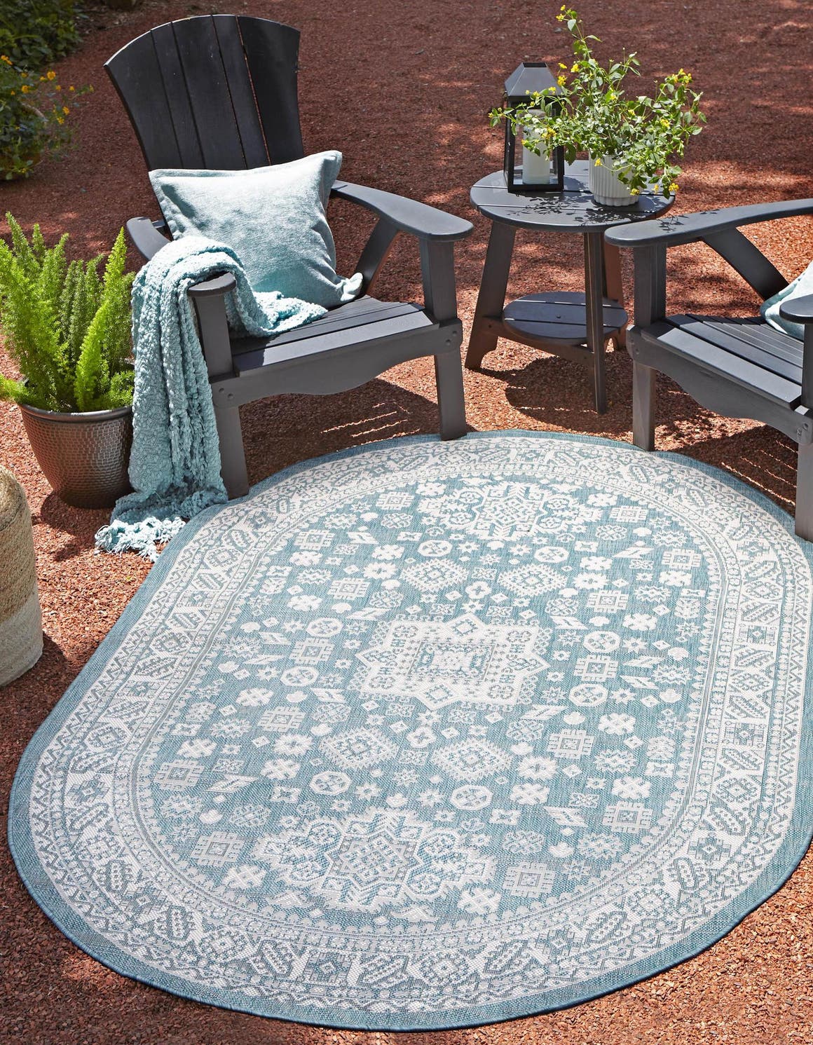 Aqua 7' 10 x 10' Outdoor Aztec Oval Area Rug Weather Resistant for Patio, Deck, Terrace, Balcony, Porch 100% Polypropylene Traditional Carpet Mat for Sale at Rug Engine