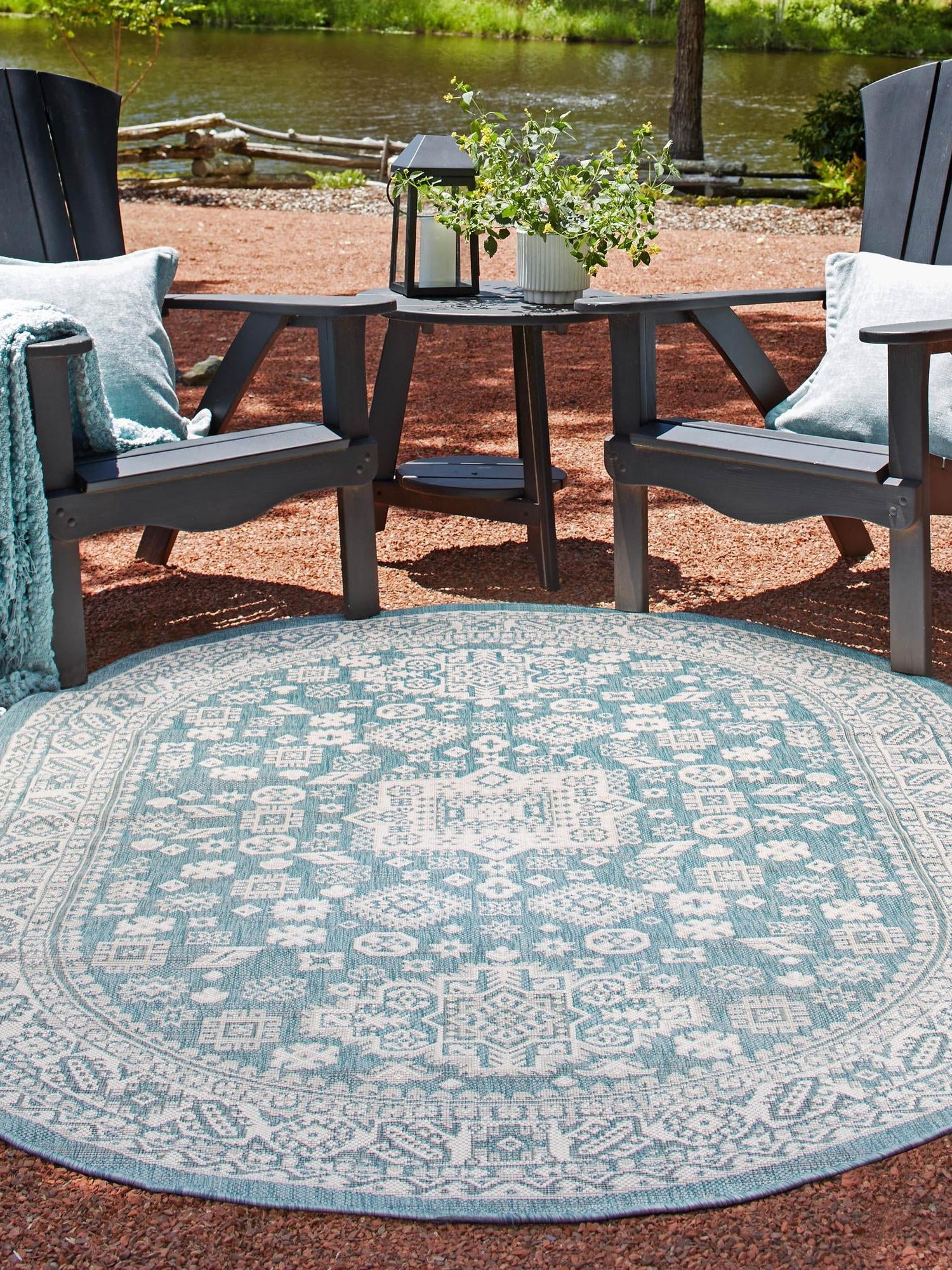 Aqua 7' 10 x 10' Outdoor Aztec Oval Area Rug Weather Resistant for Patio, Deck, Terrace, Balcony, Porch 100% Polypropylene Traditional Carpet Mat for Sale at Rug Engine