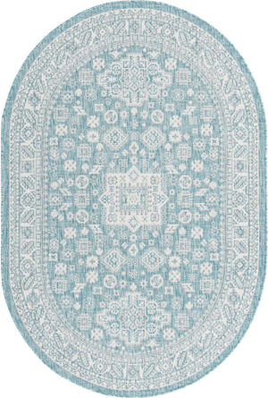 Aqua 5' 3 x 8' Outdoor Aztec Oval Area Rug Weather Resistant for Patio, Deck, Terrace, Balcony, Porch 100% Polypropylene Traditional Carpet Mat for Sale at Rug Engine