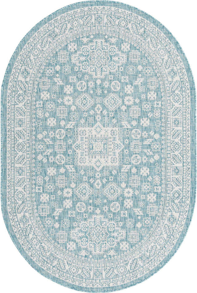 Aqua 5' 3 x 8' Outdoor Aztec Oval Area Rug Weather Resistant for Patio, Deck, Terrace, Balcony, Porch 100% Polypropylene Traditional Carpet Mat for Sale at Rug Engine