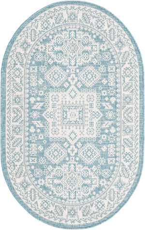 Aqua 3' 1 x 5' 3 Outdoor Aztec Oval Area Rug Weather Resistant for Patio, Deck, Terrace, Balcony, Porch 100% Polypropylene Traditional Carpet Mat for Sale at Rug Engine