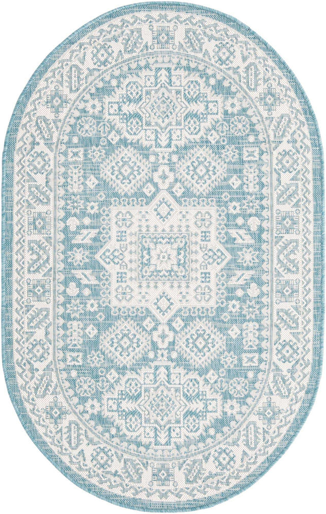 Aqua 3' 1 x 5' 3 Outdoor Aztec Oval Area Rug Weather Resistant for Patio, Deck, Terrace, Balcony, Porch 100% Polypropylene Traditional Carpet Mat for Sale at Rug Engine
