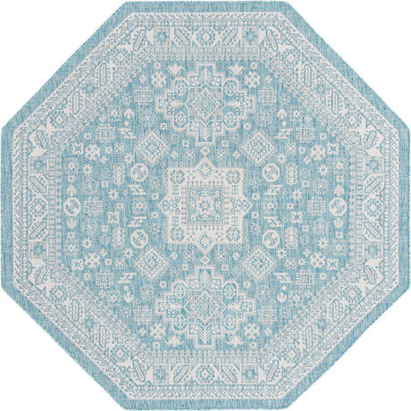 Aqua 7' 10 x 7' 10 Outdoor Aztec Octagon Area Rug Weather Resistant for Patio, Deck, Terrace, Balcony, Porch 100% Polypropylene Traditional Carpet Mat for Sale at Rug Engine