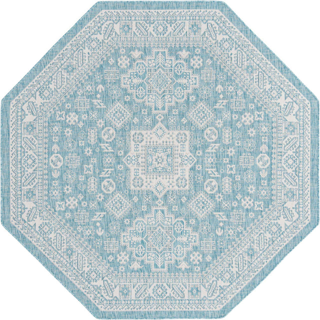 Aqua 7' 10 x 7' 10 Outdoor Aztec Octagon Area Rug Weather Resistant for Patio, Deck, Terrace, Balcony, Porch 100% Polypropylene Traditional Carpet Mat for Sale at Rug Engine
