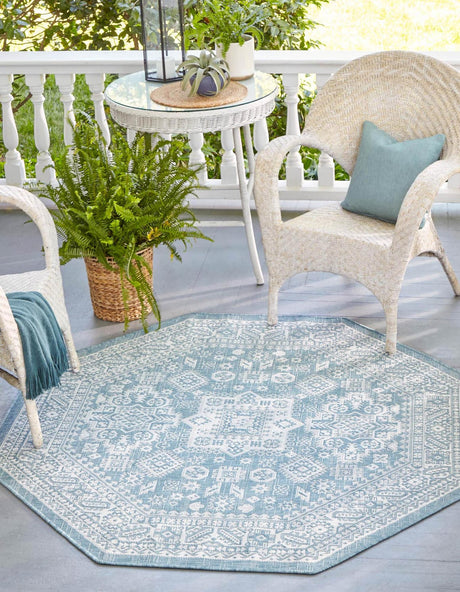 Aqua 5' 3 x 5' 3 Outdoor Aztec Octagon Area Rug Weather Resistant for Patio, Deck, Terrace, Balcony, Porch 100% Polypropylene Traditional Carpet Mat for Sale at Rug Engine