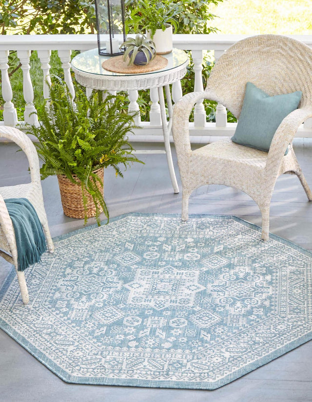 Aqua 5' 3 x 5' 3 Outdoor Aztec Octagon Area Rug Weather Resistant for Patio, Deck, Terrace, Balcony, Porch 100% Polypropylene Traditional Carpet Mat for Sale at Rug Engine