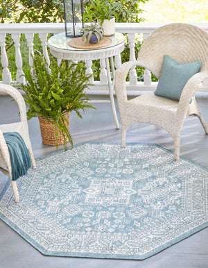 Aqua 7' 10 x 7' 10 Outdoor Aztec Octagon Area Rug Weather Resistant for Patio, Deck, Terrace, Balcony, Porch 100% Polypropylene Traditional Carpet Mat for Sale at Rug Engine