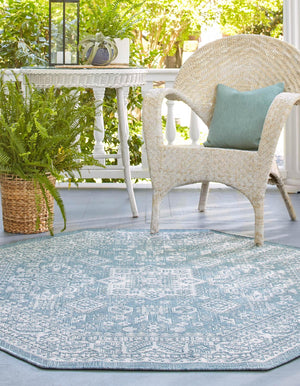 Aqua 7' 10 x 7' 10 Outdoor Aztec Octagon Area Rug Weather Resistant for Patio, Deck, Terrace, Balcony, Porch 100% Polypropylene Traditional Carpet Mat for Sale at Rug Engine