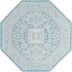 Aqua 5' 3 x 5' 3 Outdoor Aztec Octagon Area Rug Weather Resistant for Patio, Deck, Terrace, Balcony, Porch 100% Polypropylene Traditional Carpet Mat for Sale at Rug Engine