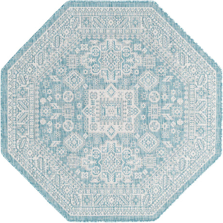 Aqua 5' 3 x 5' 3 Outdoor Aztec Octagon Area Rug Weather Resistant for Patio, Deck, Terrace, Balcony, Porch 100% Polypropylene Traditional Carpet Mat for Sale at Rug Engine