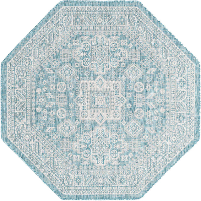 Aqua 5' 3 x 5' 3 Outdoor Aztec Octagon Area Rug Weather Resistant for Patio, Deck, Terrace, Balcony, Porch 100% Polypropylene Traditional Carpet Mat for Sale at Rug Engine