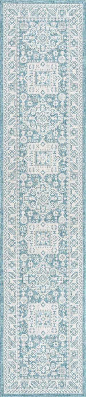 Aqua 2' 7 x 12' Outdoor Aztec Runner Area Rug Weather Resistant for Patio, Deck, Terrace, Balcony, Porch 100% Polypropylene Traditional Carpet Mat for Sale at Rug Engine