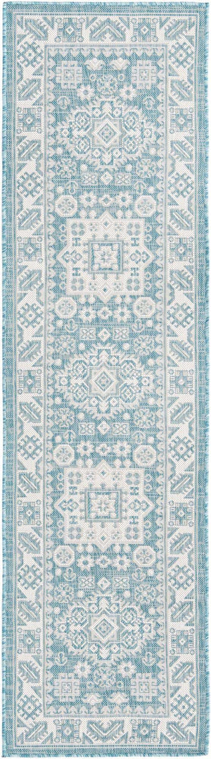 Aqua 2' x 8' Outdoor Aztec Runner Area Rug Weather Resistant for Patio, Deck, Terrace, Balcony, Porch 100% Polypropylene Traditional Carpet Mat for Sale at Rug Engine