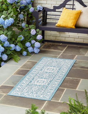 Aqua 2' 7 x 12' Outdoor Aztec Runner Area Rug Weather Resistant for Patio, Deck, Terrace, Balcony, Porch 100% Polypropylene Traditional Carpet Mat for Sale at Rug Engine