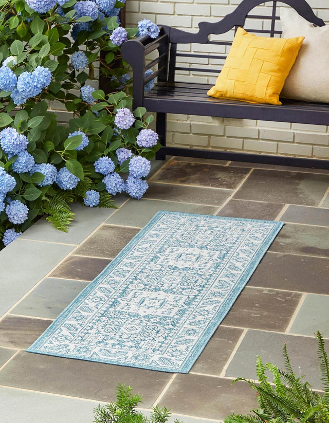 Aqua 2' 7 x 12' Outdoor Aztec Runner Area Rug Weather Resistant for Patio, Deck, Terrace, Balcony, Porch 100% Polypropylene Traditional Carpet Mat for Sale at Rug Engine