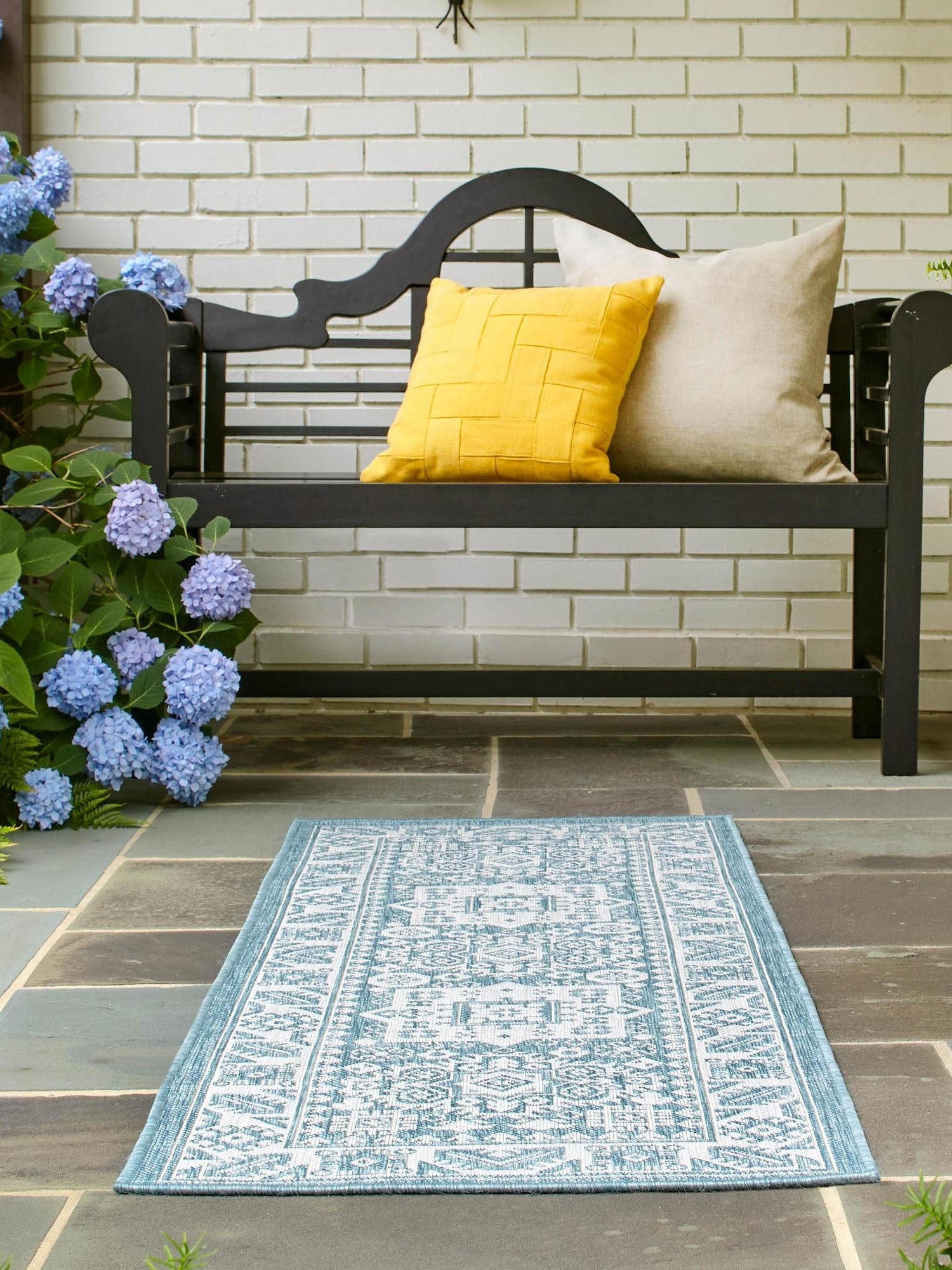 Aqua 2' 7 x 12' Outdoor Aztec Runner Area Rug Weather Resistant for Patio, Deck, Terrace, Balcony, Porch 100% Polypropylene Traditional Carpet Mat for Sale at Rug Engine