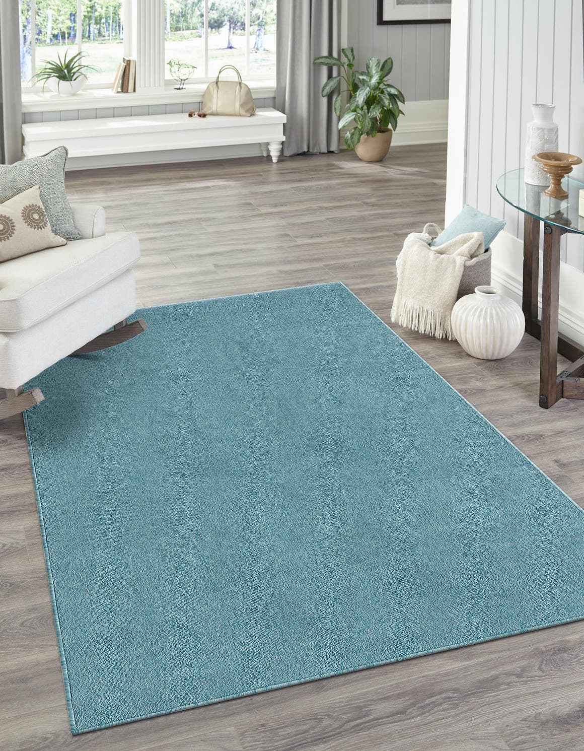 Aquamarine Blue 5' 3 x 8' Everyday Solid Rectangle Area Rug 100% Polypropylene With Felt Backing Easy Clean Simple Carpet for Minimalist Room Decorating for Sale at Rug Engine