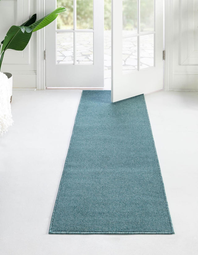 Aquamarine Blue 2' 6 x 10' Everyday Solid Runner Area Rug 100% Polypropylene With Felt Backing Easy Clean Simple Carpet for Minimalist Room Decorating for Sale at Rug Engine
