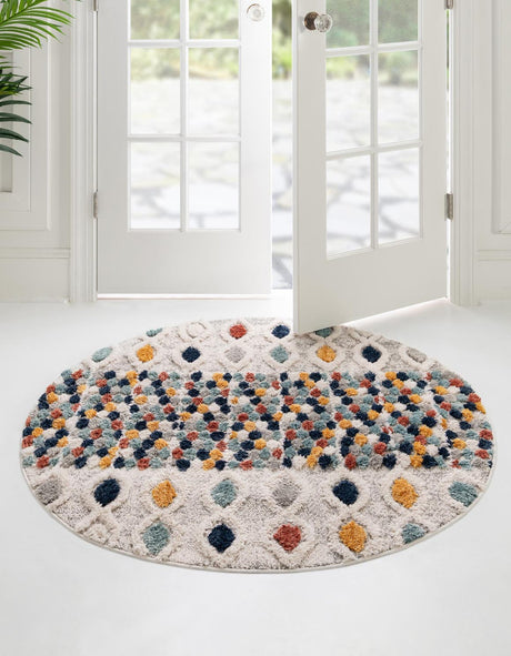 Multicolor 5' 3 x 5' 3 Cherokee Round Area Rug 100% Polypropylene With Cotton Backing Modern Geometric Carpet for Home Decor Interior Design Rooms for Sale at Rug Engine