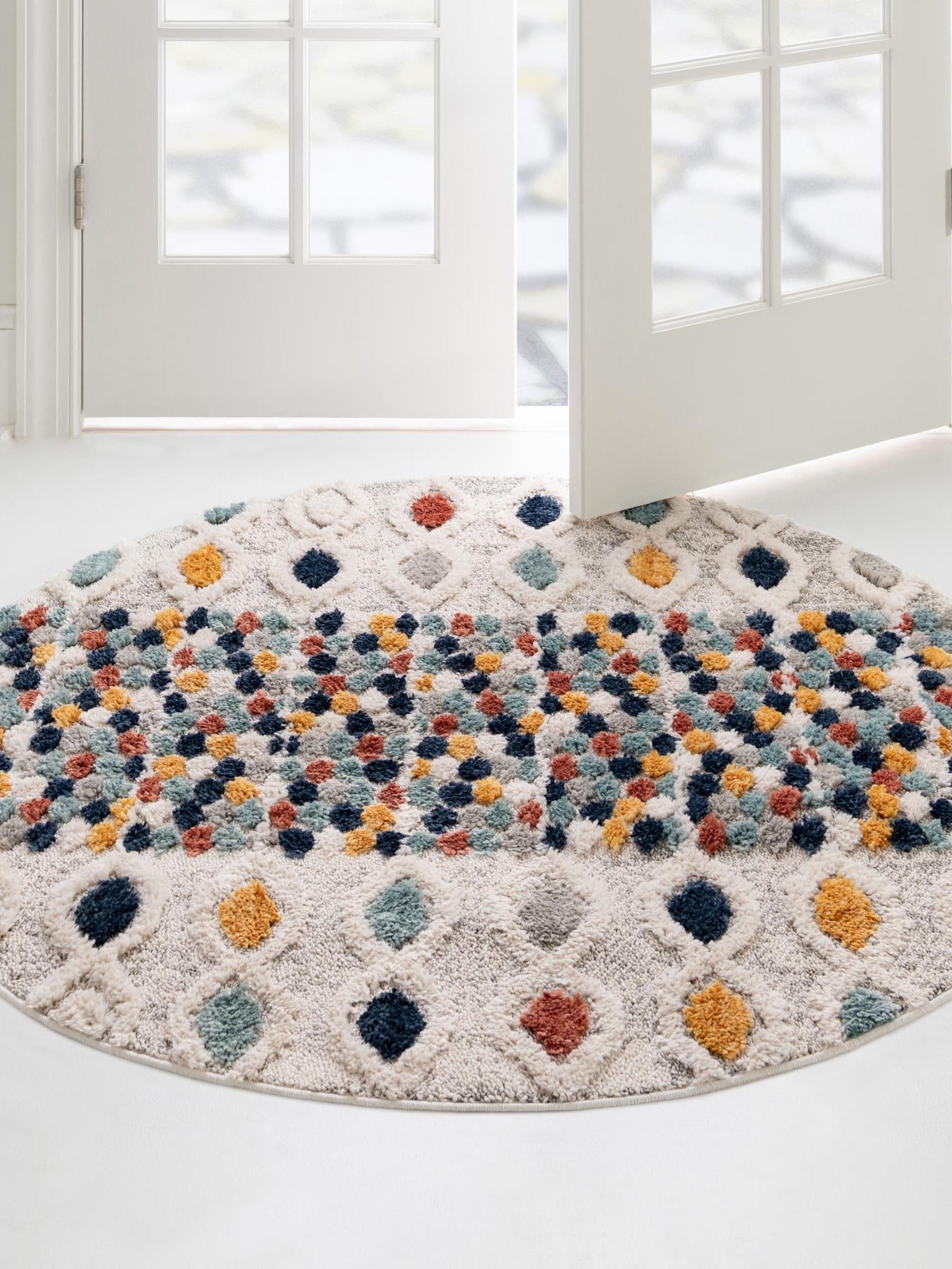 Multicolor 7' x 7' Cherokee Round Area Rug 100% Polypropylene With Cotton Backing Modern Geometric Carpet for Home Decor Interior Design Rooms for Sale at Rug Engine