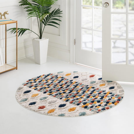 Multicolor 7' x 7' Cherokee Round Area Rug 100% Polypropylene With Cotton Backing Modern Geometric Carpet for Home Decor Interior Design Rooms for Sale at Rug Engine
