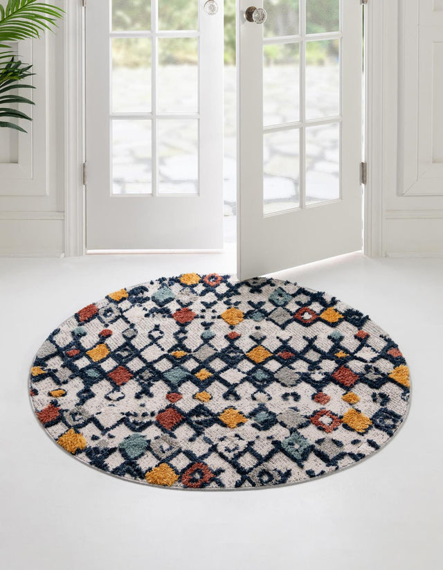 Multicolor 7' x 7' Cherokee Round Area Rug 100% Polypropylene With Cotton Backing Modern Geometric Carpet for Home Decor Interior Design Rooms for Sale at Rug Engine